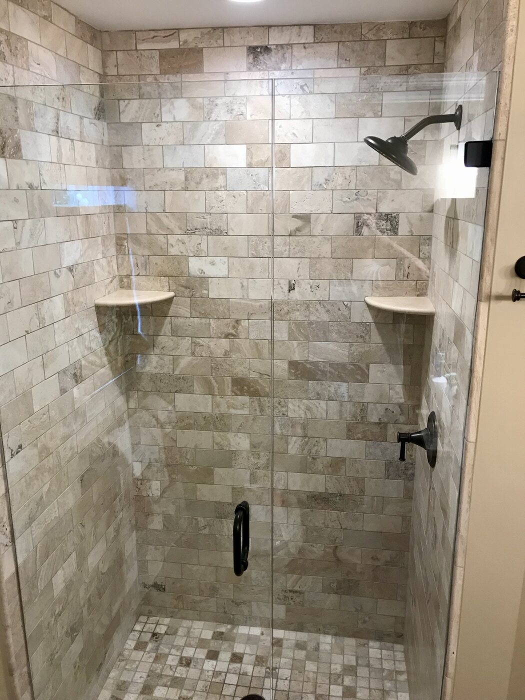 Bathroom 4 tiled walk-in shower with black fixtures