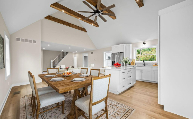 Completed Middletown Addition in Media with open kitchen, dining area, and vaulted ceiling