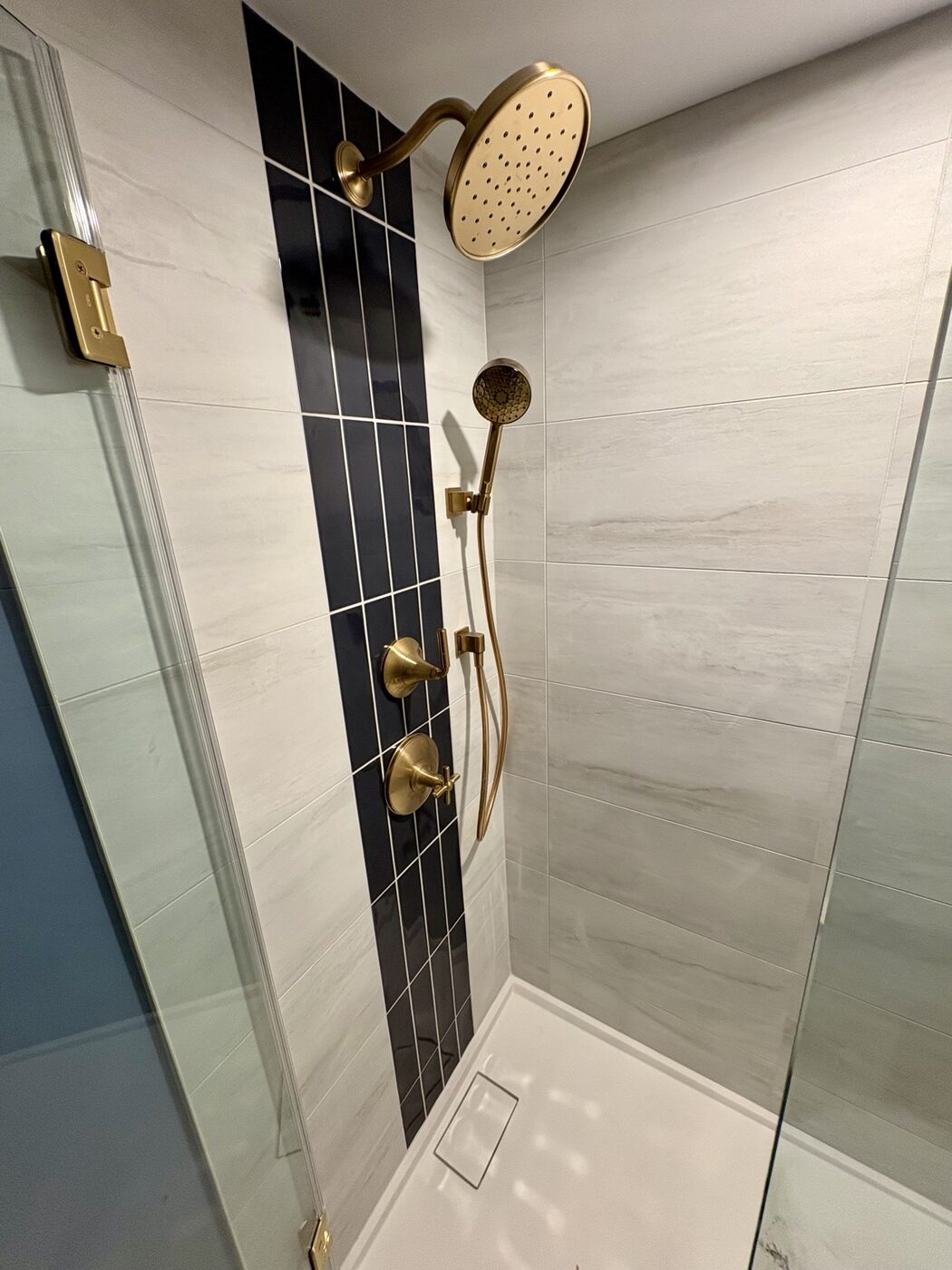 Brass rain shower and handheld fixtures with dark tile accent