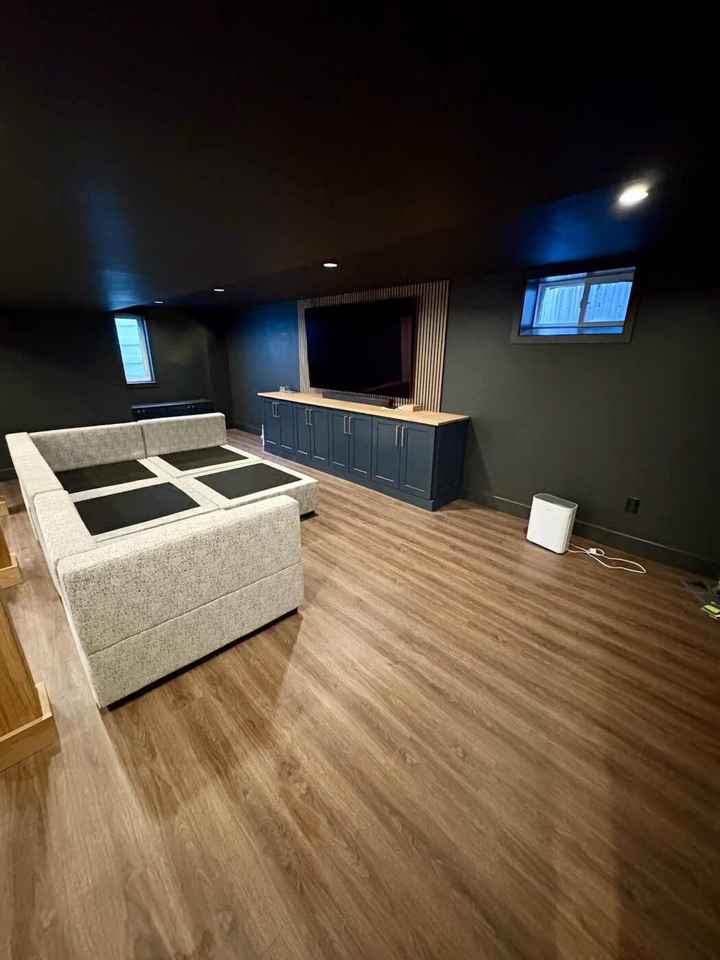 Dark media room with custom built-in storage